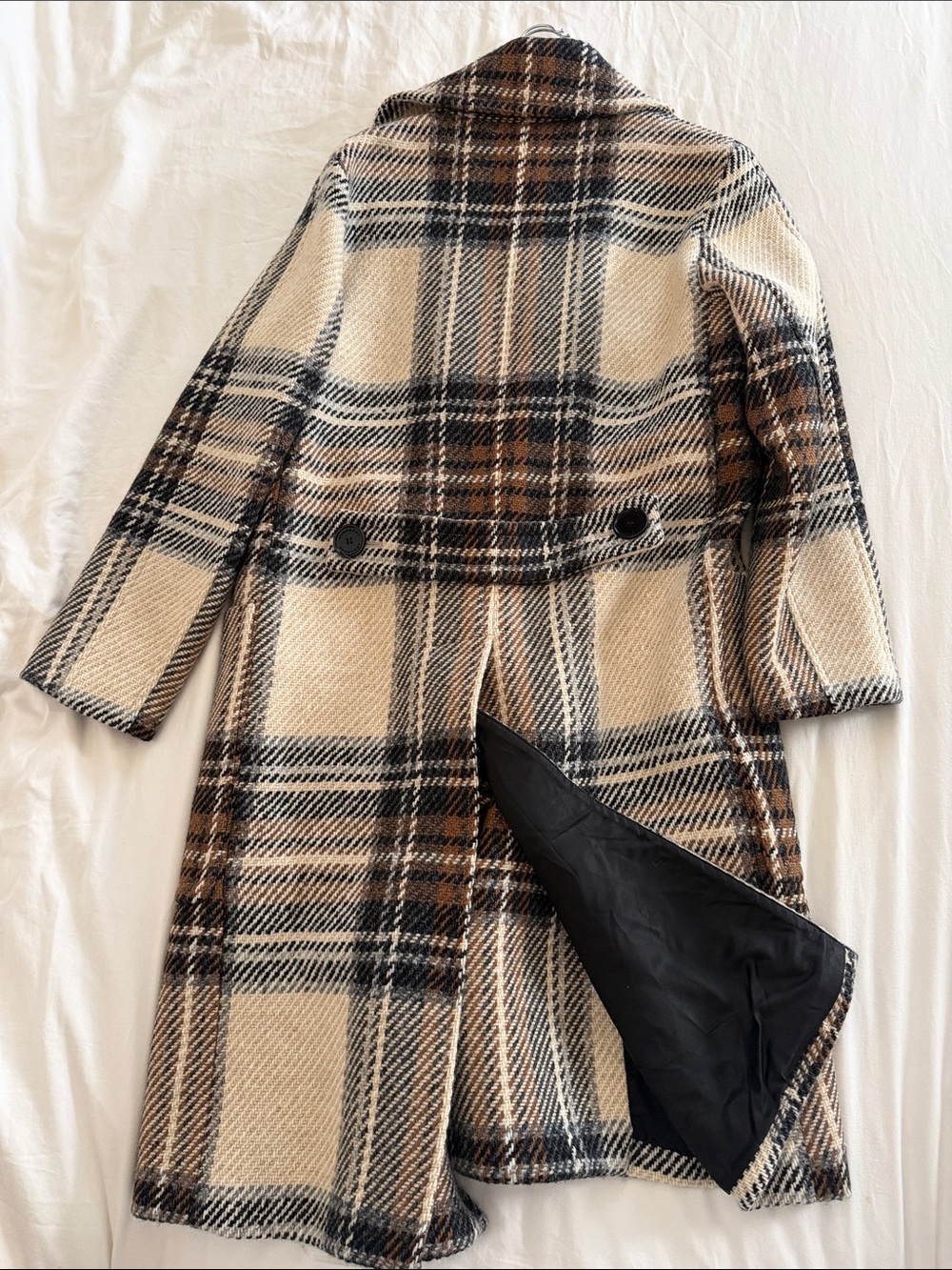 Burberry Cream, Brown and Black Plaid Double-Breasted Pea Coat - Picture 7 of 8